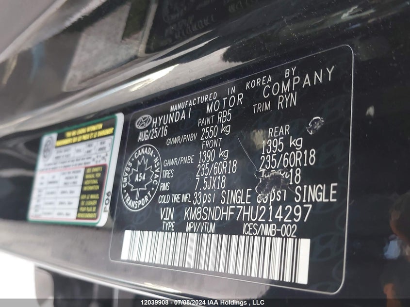 2017 Hyundai Santa Fe Se/Limited VIN: KM8SNDHF7HU214297 Lot: 12039908