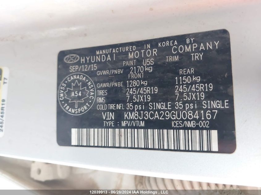 2016 Hyundai Tucson Limited/Sport And Eco/Se VIN: KM8J3CA29GU084167 Lot: 12039913