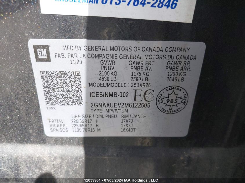 2021 Chevrolet Equinox VIN: 2GNAXUEV2M6122505 Lot: 12039931