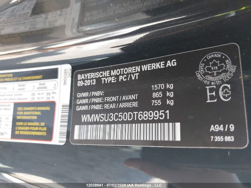 2013 Mini Cooper Hardtop VIN: WMWSU3C50DT689951 Lot: 12039941