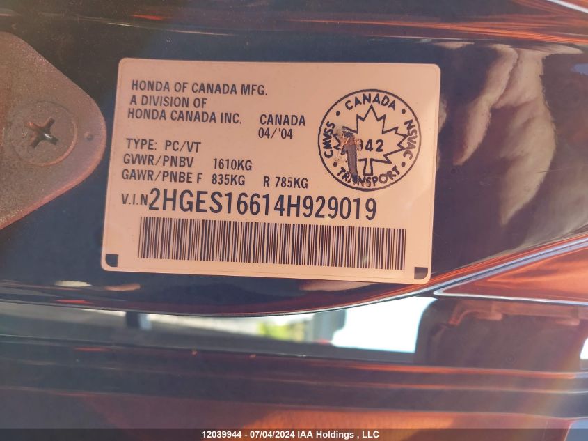 2004 Honda Civic VIN: 2HGES16614H929019 Lot: 12039944