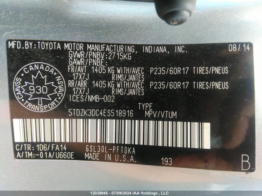 2014 Toyota Sienna 7 Passenger VIN: 5TDZK3DC4ES518916 Lot: 12039945