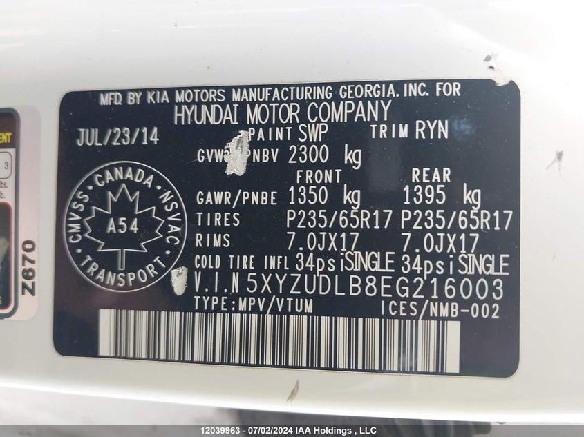 2014 Hyundai Santa Fe VIN: 5XYZUDLB8EG216003 Lot: 12039963