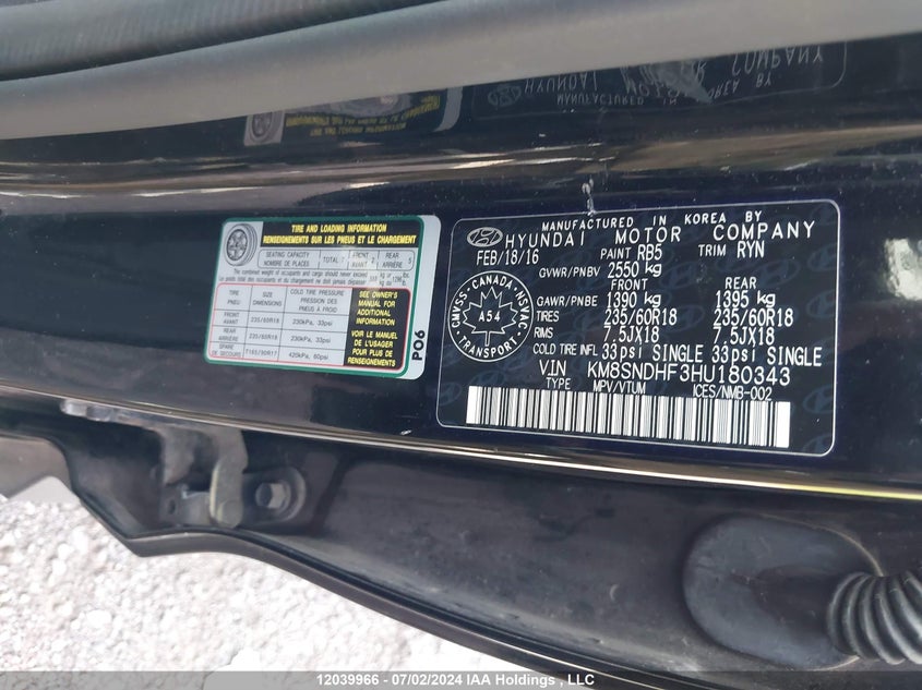2017 Hyundai Santa Fe Se/Limited VIN: KM8SNDHF3HU180343 Lot: 12039966