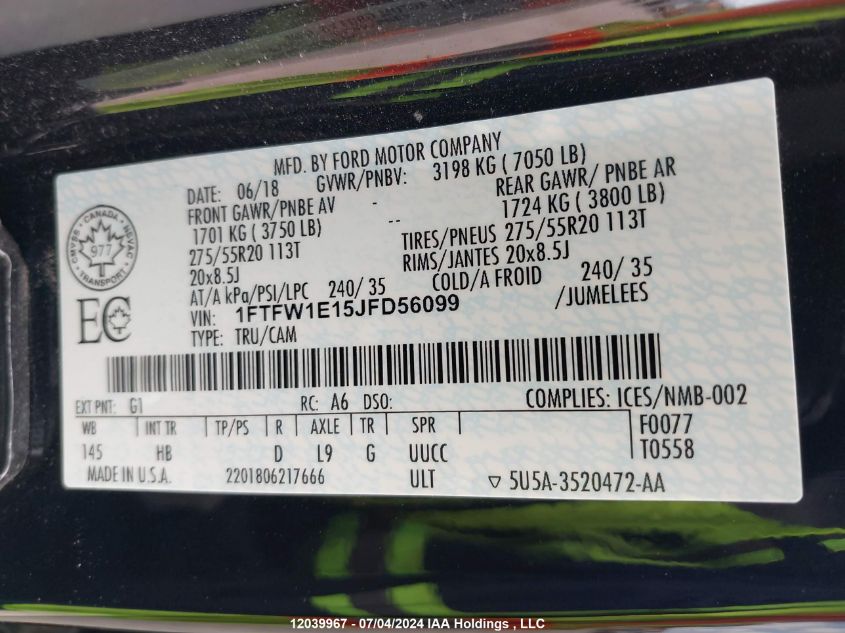 2018 Ford F150 Supercrew VIN: 1FTFW1E15JFD56099 Lot: 12039967