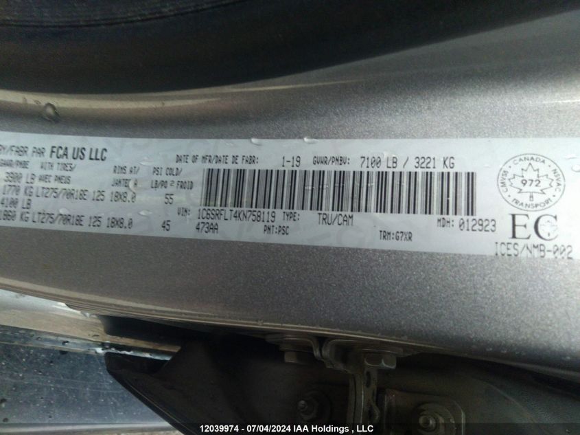 2019 Ram 1500 Rebel VIN: 1C6SRFLT4KN758119 Lot: 12039974