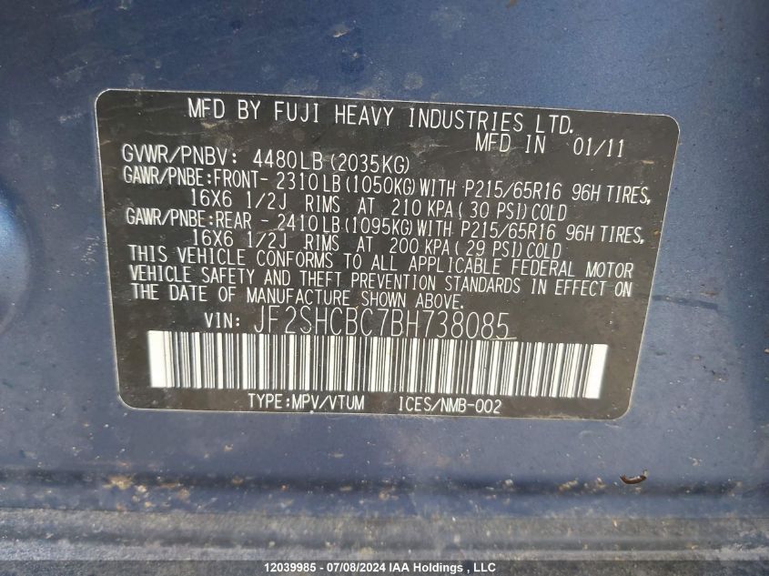 2011 Subaru Forester VIN: JF2SHCBC7BH738085 Lot: 12039985