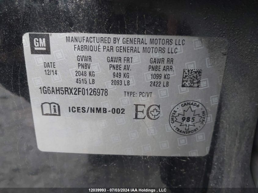 2015 Cadillac Ats VIN: 1G6AH5RX2F0126978 Lot: 12039993