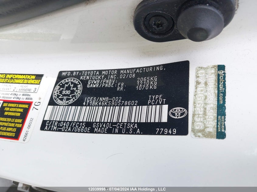 2009 Toyota Camry Se/Le/Xle VIN: 4T1BK46K59U578602 Lot: 12039998