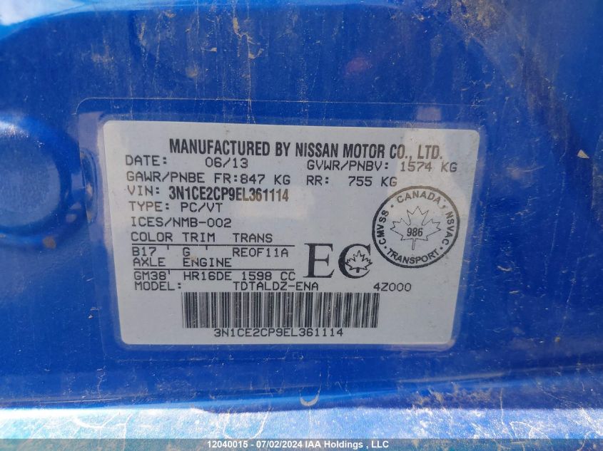 2014 Nissan Versa Note S/S Plus/Sv/Sl VIN: 3N1CE2CP9EL361114 Lot: 12040015