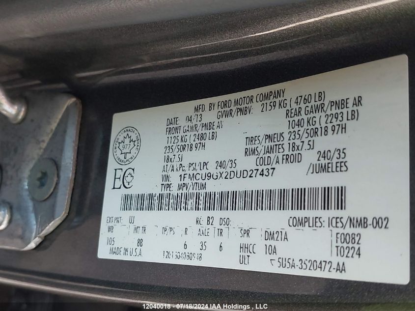 2013 Ford Escape Se VIN: 1FMCU9GX2DUD27437 Lot: 12040018