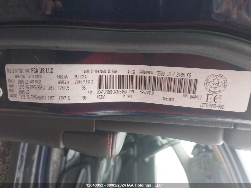 2016 Jeep Cherokee Trailhawk VIN: 1C4PJMBB1GW308450 Lot: 12040052