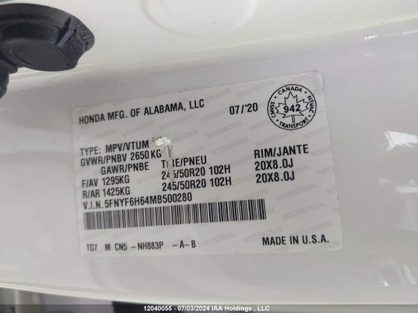2021 Honda Pilot Touring VIN: 5FNYF6H64MB500280 Lot: 12040055