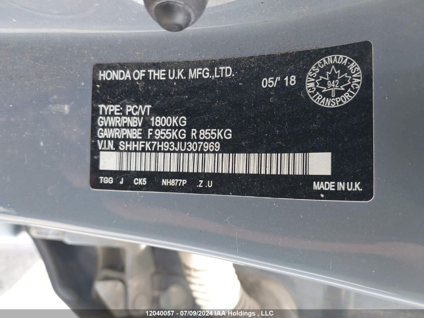 2018 Honda Civic Sport Touring VIN: SHHFK7H93JU307969 Lot: 12040057