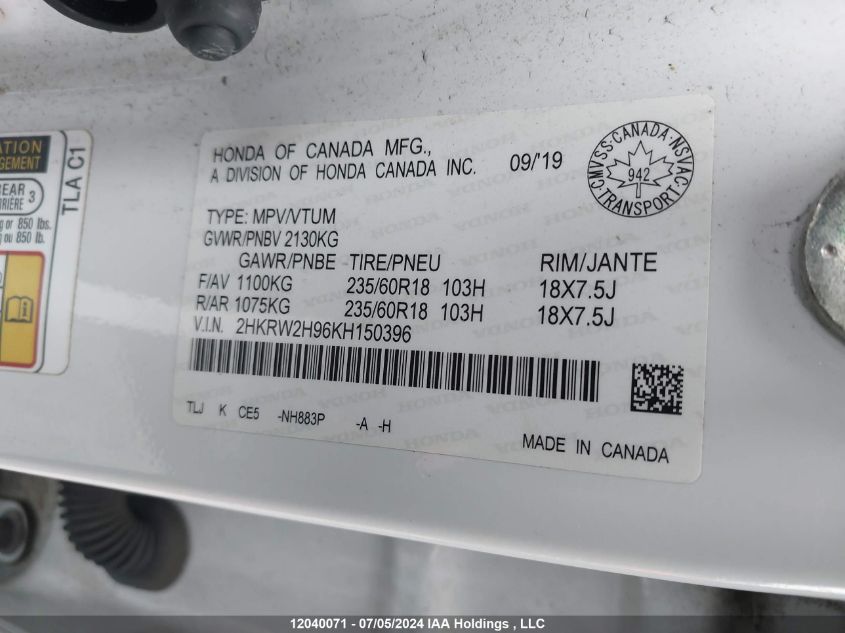 2019 Honda Cr-V VIN: 2HKRW2H96KH150396 Lot: 12040071