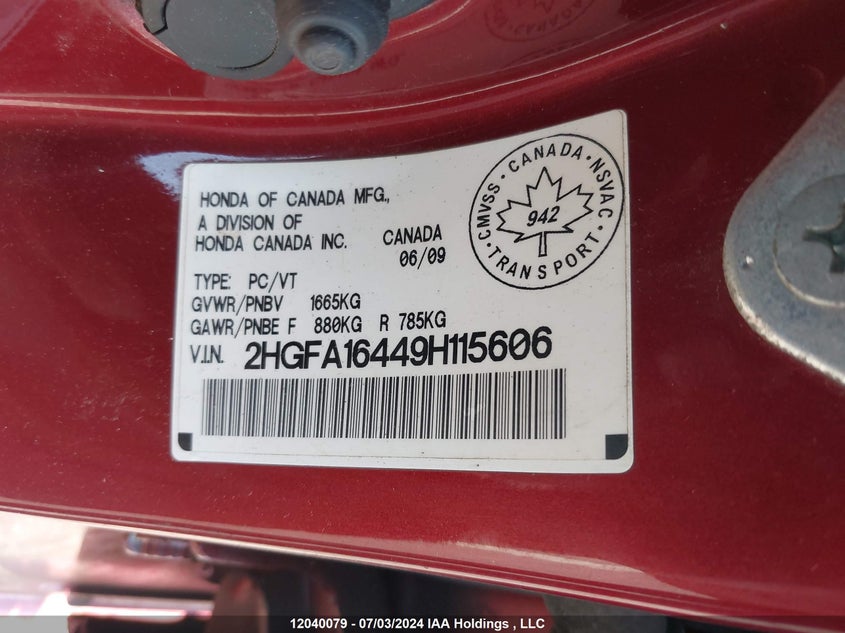 2009 Honda Civic Sdn VIN: 2HGFA16449H115606 Lot: 12040079