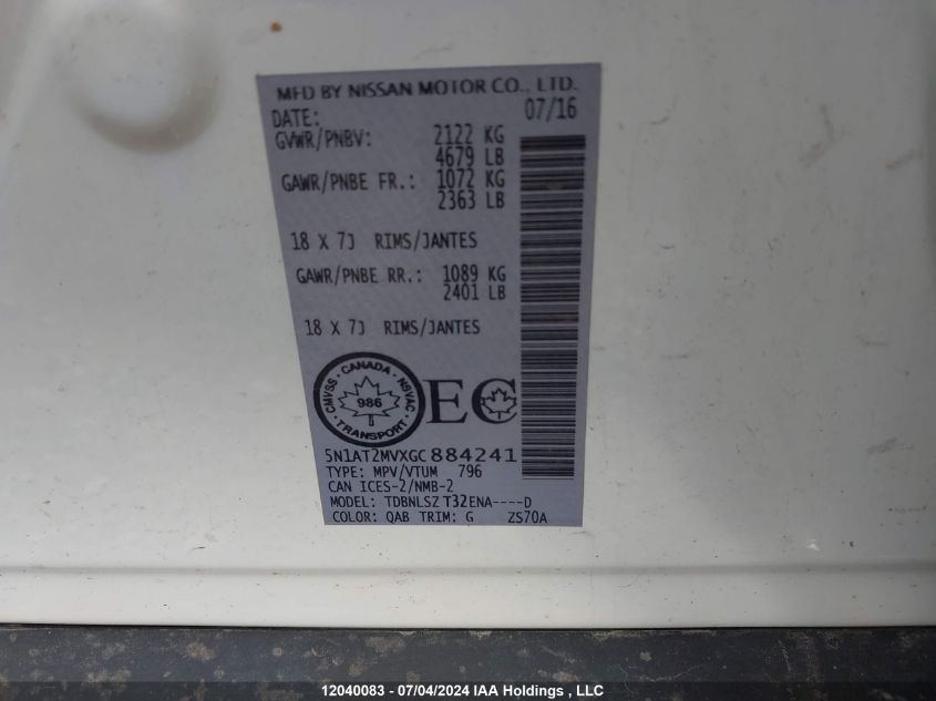 2016 Nissan Rogue S/Sl/Sv VIN: 5N1AT2MVXGC884241 Lot: 12040083