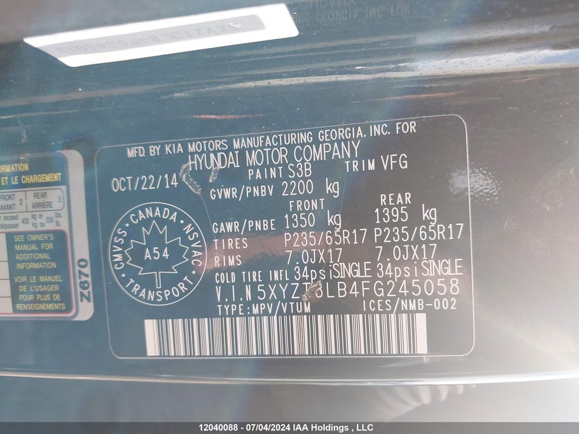 2015 Hyundai Santa Fe Sport 2.4 Base VIN: 5XYZT3LB4FG245058 Lot: 12040088
