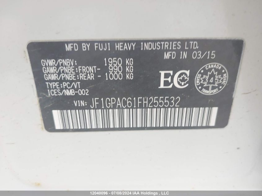 2015 Subaru Impreza Premium VIN: JF1GPAC61FH255532 Lot: 12040096