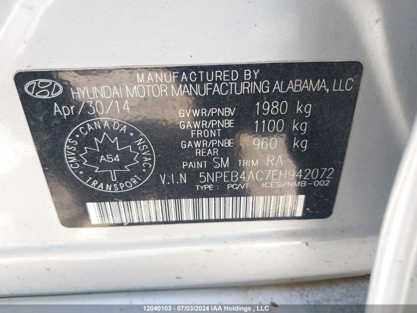 5NPEB4AC7EH942072 2014 Hyundai Sonata Gls
