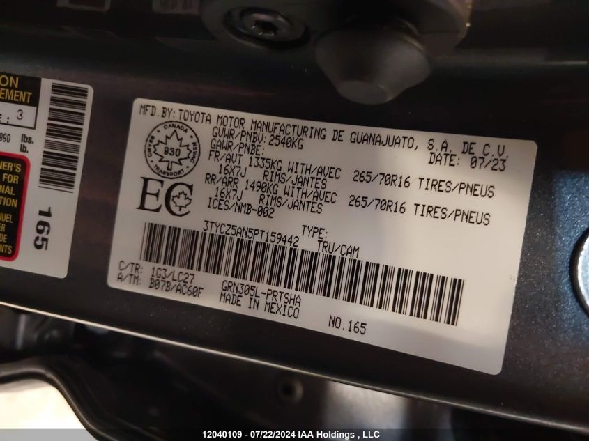 2023 Toyota Tacoma Ltd Nightshade VIN: 3TYCZ5AN5PT159442 Lot: 12040109