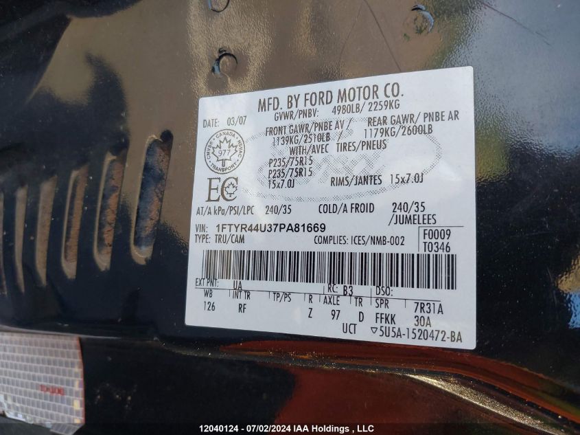 2007 Ford Ranger Super Cab VIN: 1FTYR44U37PA81669 Lot: 12040124