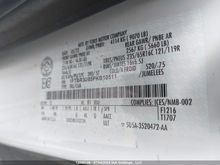 2023 Ford Transit T-250 VIN: 1FTBR3U85PKB10511 Lot: 12040139