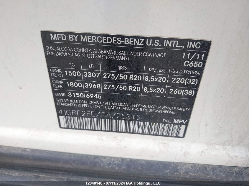 2012 Mercedes-Benz Gl-Class VIN: 4JGBF2FE7CA775315 Lot: 12040148