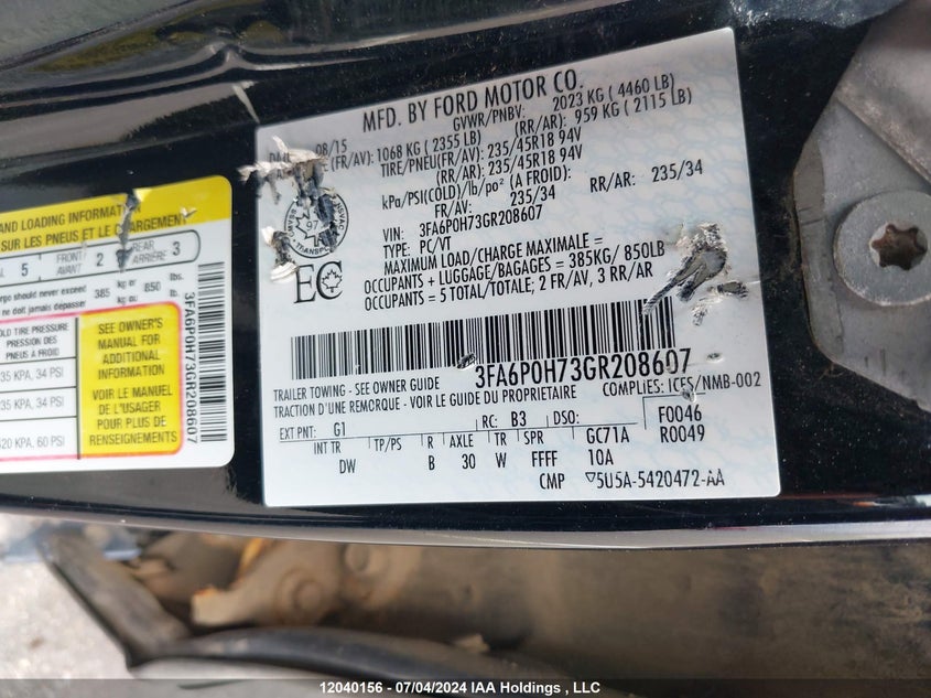 2016 Ford Fusion Se VIN: 3FA6P0H73GR208607 Lot: 12040156