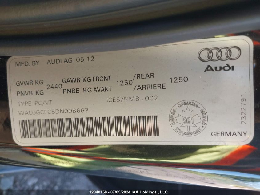 2013 Audi A6 VIN: WAUJGCFC8DN008663 Lot: 12040158
