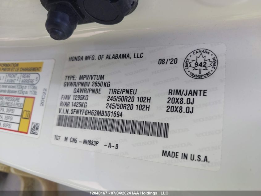 2021 Honda Pilot VIN: 5FNYF6H63MB501694 Lot: 12040167