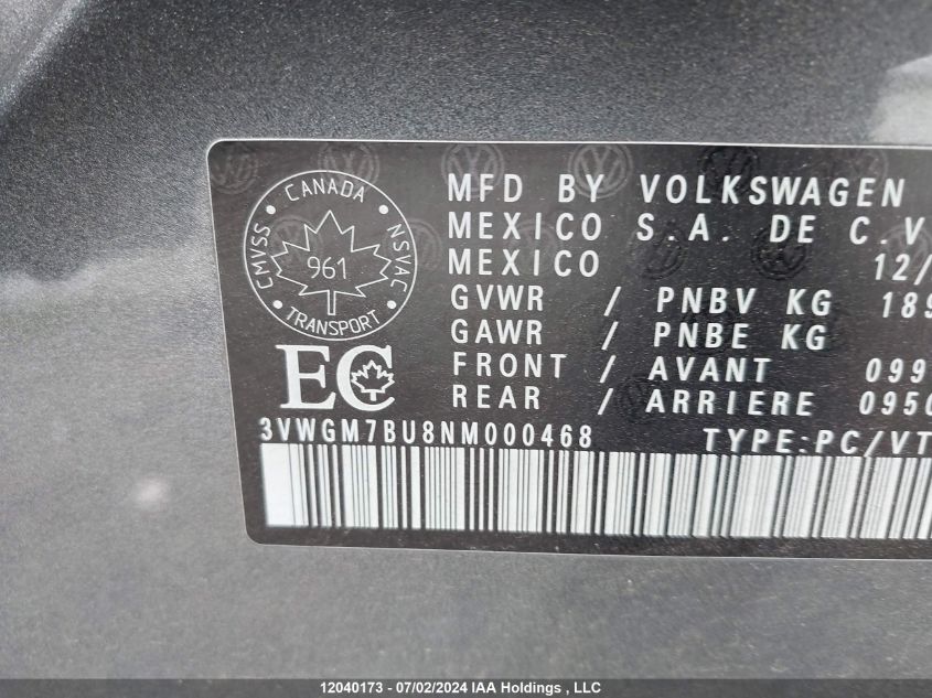 2022 Volkswagen Jetta VIN: 3VWGM7BU8NM000468 Lot: 12040173