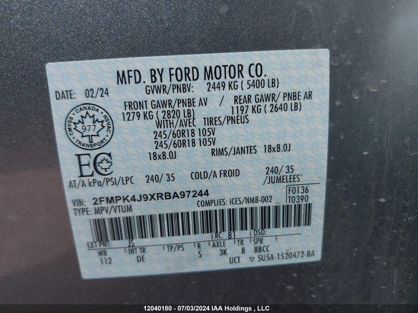 2024 Ford Edge Sel VIN: 2FMPK4J9XRBA97244 Lot: 12040180