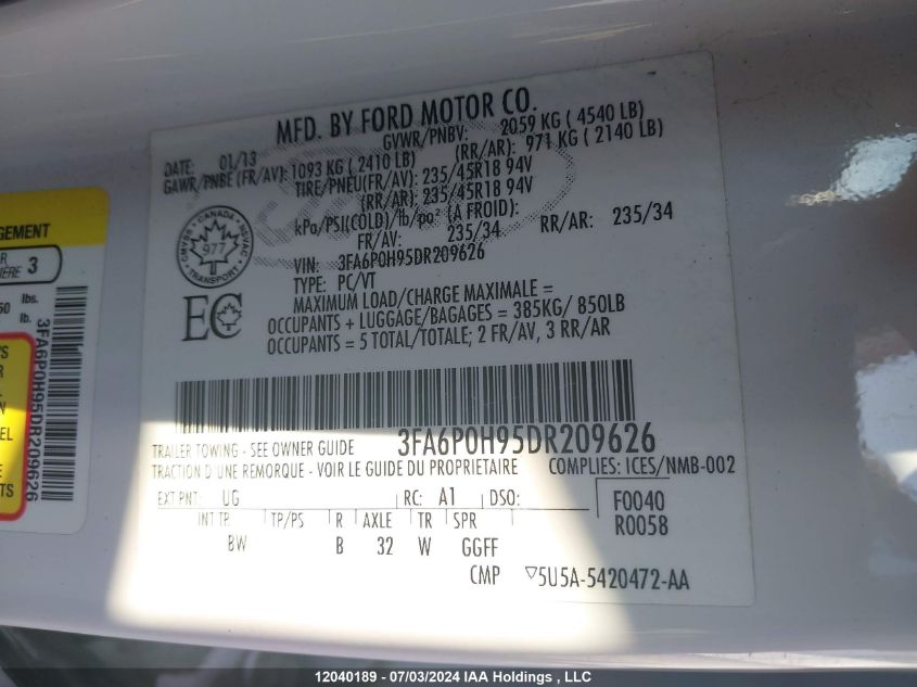 2013 Ford Fusion Se VIN: 3FA6P0H95DR209626 Lot: 12040189