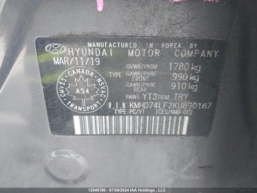 2019 Hyundai Elantra Se VIN: KMHD74LF2KU890187 Lot: 12040190