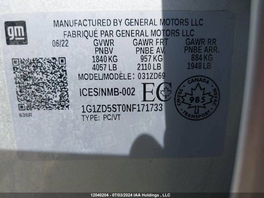 2022 Chevrolet Malibu VIN: 1G1ZD5ST0NF171733 Lot: 12040204