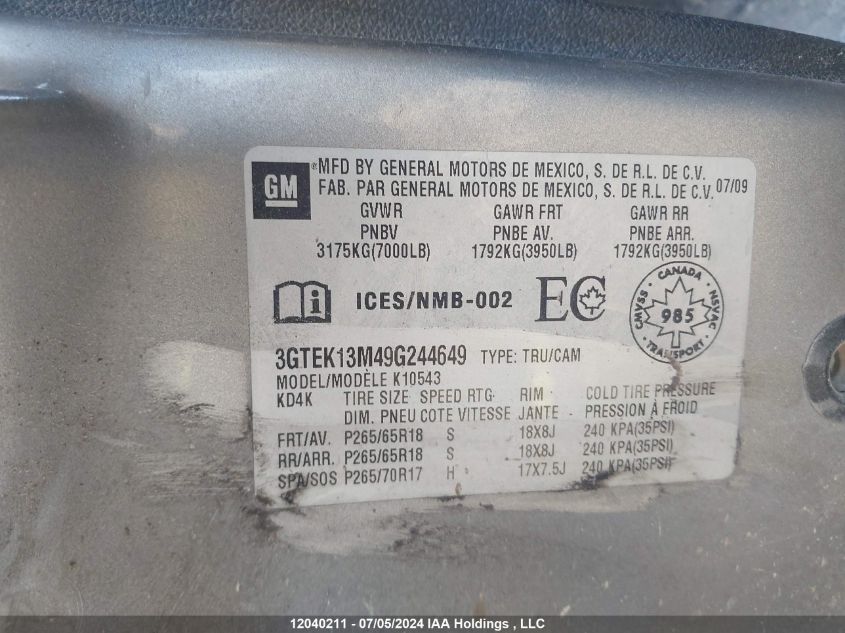 2009 GMC Sierra 1500 VIN: 3GTEK13M49G244649 Lot: 12040211