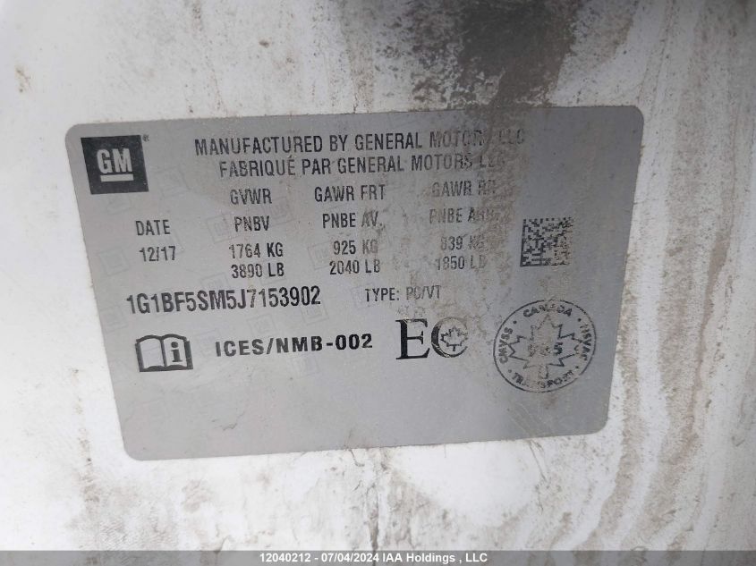 2018 Chevrolet Cruze VIN: 1G1BF5SM5J7153902 Lot: 12040212