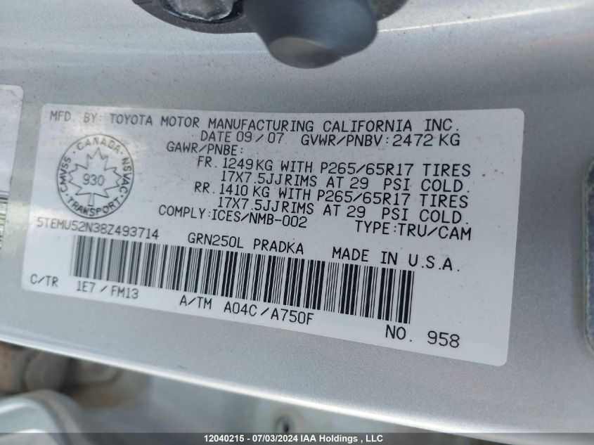2008 Toyota Tacoma V6 VIN: 5TEMU52N38Z493714 Lot: 12040215
