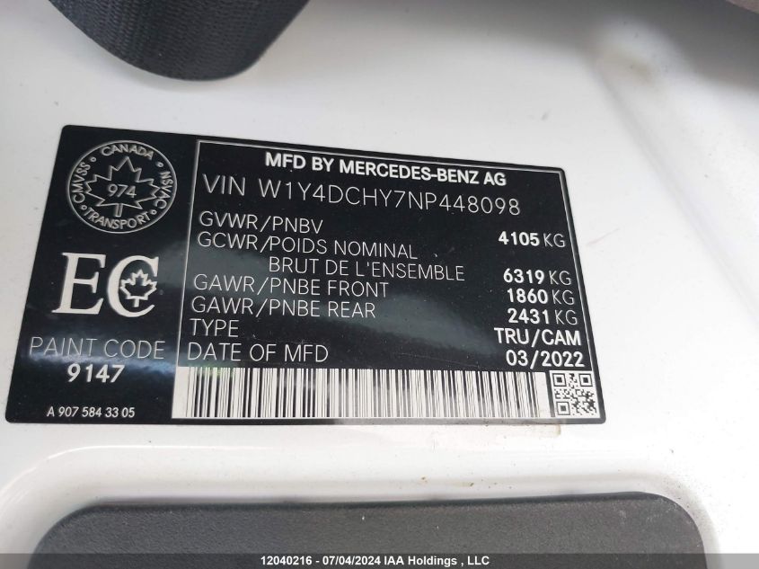 2022 Mercedes-Benz Sprinter VIN: W1Y4DCHY7NP448098 Lot: 12040216
