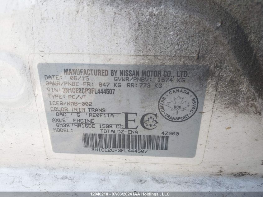 2015 Nissan Versa Note VIN: 3N1CE2CP3FL444507 Lot: 12040218