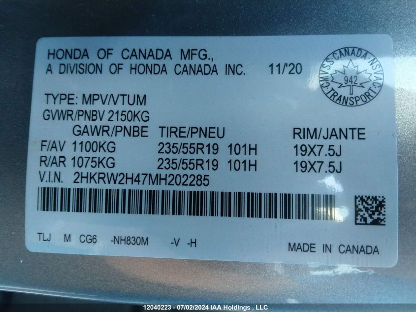 2021 Honda Cr-V Sport VIN: 2HKRW2H47MH202285 Lot: 12040223