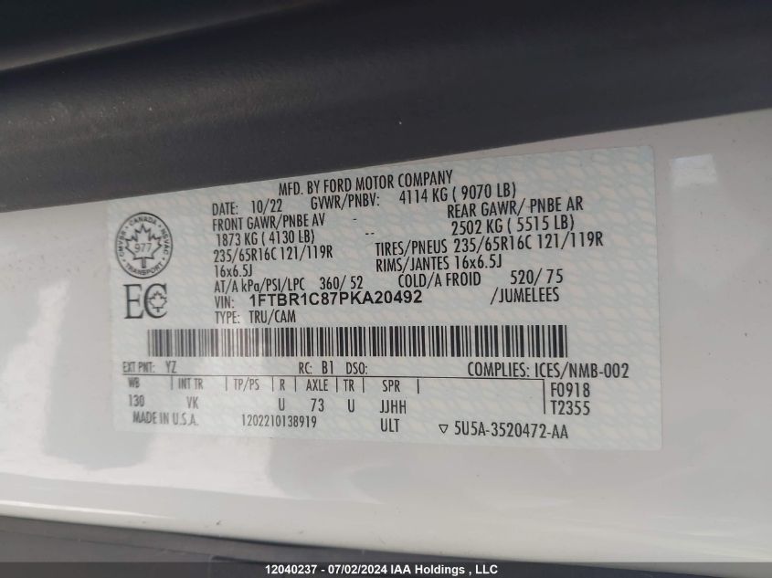 2023 Ford Transit T-250 VIN: 1FTBR1C87PKA20492 Lot: 12040237