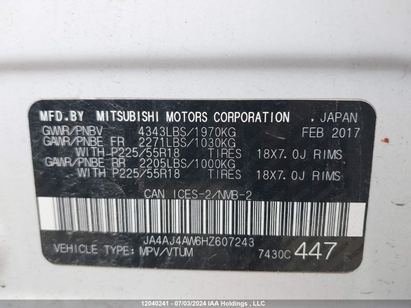 2017 Mitsubishi Rvr VIN: JA4AJ4AW6HZ607243 Lot: 12040241