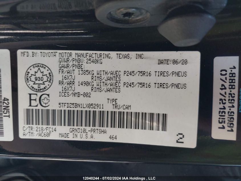 2020 Toyota Tacoma Double Cab/Sr5/Trd Sport/Trd Off Road VIN: 5TFDZ5BN1LX052911 Lot: 12040244