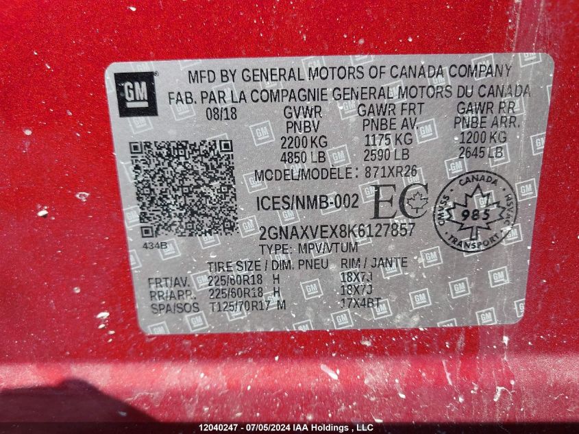 2019 Chevrolet Equinox VIN: 2GNAXVEX8K6127857 Lot: 12040247