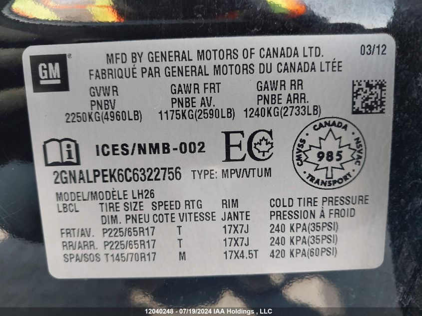 2012 Chevrolet Equinox VIN: 2GNALPEK6C6322756 Lot: 12040248