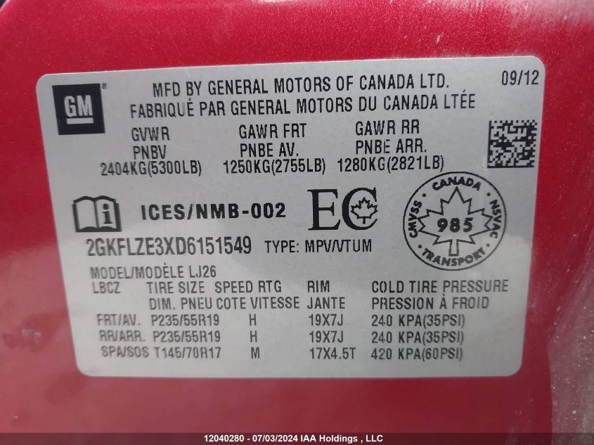 2013 GMC Terrain VIN: 2GKFLZE3XD6151549 Lot: 12040280