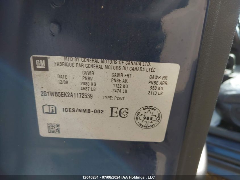 2010 Chevrolet Impala VIN: 2G1WB5EK2A1172539 Lot: 12040281