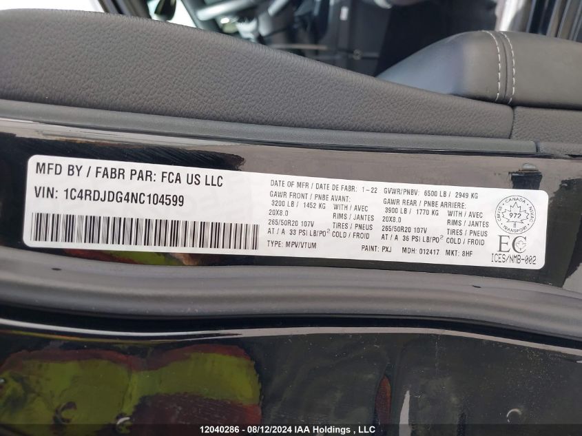 2022 Dodge Durango Gt VIN: 1C4RDJDG4NC104599 Lot: 12040286